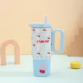 Large capacity stainless steel insulated tumbler with straw and handle cute cherry pattern cup - Light Blue Cherry