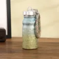 Portable mini thermos water bottle with colorful braided lanyard, gradient metallic finish. - Blue and Yellow Gradient