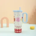 Stainless steel vacuum insulated tumbler with handle and straw lid, cute cartoon design details. - Red Rabbit