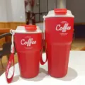 Portable stainless steel coffee mug thermos travel water bottle with a convenient strap - 420ml / Red