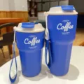 Portable stainless steel travel coffee mug with lid and strap dual set blue color for daily use - 420ml / Blue