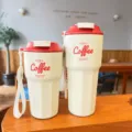 Portable stainless steel coffee cup with strap, insulated travel water mug for women. - 420ml / White