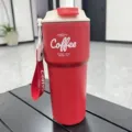Stainless steel thermos coffee cup in vibrant red with portable lanyard and white lid variant. - 620ml New Model Red