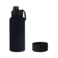 Black stainless steel sports water bottle with handle lid and protective silicone boot. - Black
