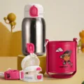 Cute cartoon titanium kids thermos water bottle, 550ml berry pink variant with strap and cup sleeve. - 550ml / Berry Pink