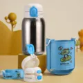 Kids titanium thermos water bottle 550ml cute dual drink portable cup with strap blue - 550ml / Sky Blue
