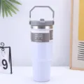 Gobelet isotherme sous vide en acier inoxydable avec poignee et couvercle, 900ml grande capacite. - 600 ml / Blanc