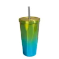 Gobelet en acier inoxydable avec paille, design a facettes de diamant, grande capacite tasse. - 501-600ml / Dégradé bleu et jaune en losanges