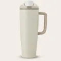 Beige stainless steel insulated travel mug with handle, large capacity portable water bottle. - Milky White