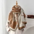 Detailed view of retro horse pattern and tassel edge on thick imitation cashmere scarf. - Light Camel