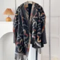 Vintage floral faux cashmere shawl with tassels hanging on a minimalist clothing rack - Multicolor Star Flower - Black / 200*65cm