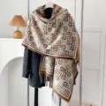Vintage geometric pattern imitation cashmere shawl with tassels for autumn winter - Greek Key Pattern - Off-White / 200*65cm