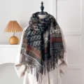 Premium retro pattern cashmere-like winter scarf in warm brown and grey shades - Letter D-Black / 200*65cm