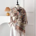 Vintage ethnic style warm cashmere-like pashmina shawl with tassel edge for winter - Letter D - Off-White / 200*65cm