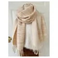 Soft beige and tan striped shawl scarf with elegant tassels for autumn and winter warmth - 190cm / Cream Beige