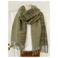 Elegant olive green striped faux cashmere winter shawl with decorative fringe detail - 190cm / Army Green