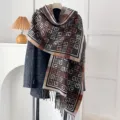 Elegant vintage ethnic style warm imitation cashmere winter shawl scarf for women - Greek Key Pattern - Coffee / 200*65cm