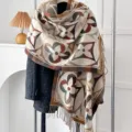 Vintage ethnic pattern imitation cashmere shawl scarf for women in autumn winter - Colorful Five-Petal Flower - Off-White / 200*65cm