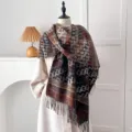 Elegant autumn/winter imitation cashmere shawl with retro ethnic monogram and tassels - Letter D - Coffee / 200*65cm