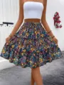 Dames zomer bloemenprint gelaagde midi rok casual hoge taille A-lijn boho vakantie rok - S / Kleurrijk