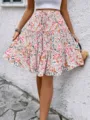 Gonna midi estiva a balze con stampa floreale da donna con vita coulisse e vestibilità casual. - Rosa