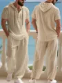 Men casual linen two piece set solid color loose short sleeve hoodie and long pants outfit. - Khaki