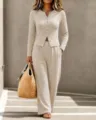 Womens solid color ribbed knit long sleeve button cardigan and trousers casual two piece set - S / Top And Bottom / Pink