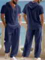 Men casual linen two piece set hooded short sleeve shirt and trousers beach outfit solid color. - Navy Blue