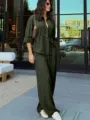 Elegant dark green long sleeve shirt and wide leg pants two piece set for women daily. - S / Top And Bottom / Burgundy