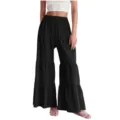 Detail view of women's black pleated elastic high-waist wide-leg casual long pants. - S / Black