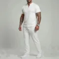 Men summer casual white two piece tracksuit set short sleeve V-neck top and pants - S / Top And Bottom / White