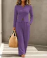 Women's solid color knit button-up long sleeve cardigan and wide-leg pants lounge set. - S / Top And Bottom / Purple