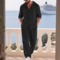 Men's linen hooded long sleeve button down shirt and casual pants matching two piece set. - S / Top And Bottom / Black