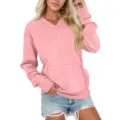 Casual pink V-neck long sleeve sweatshirt with front pocket paired with denim shorts. - Pink