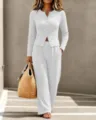 Women solid ribbed knit button up long sleeve cardigan and wide leg pants lounge set 2pc - S / Top And Bottom / White