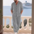 Men's casual linen hooded long sleeve button shirt and pants set for daily wear. - S / Top And Bottom / Gray