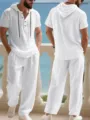 Mens casual linen two piece set solid color hooded short sleeve shirt and loose trousers detail view - S / White