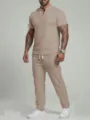 Men Summer Casual 2-Piece V-Neck Short Sleeve Tracksuit Set Solid Color Activewear - Khaki