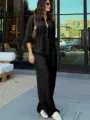 Elegant black long sleeve button down shirt and matching loose trousers two piece set for women. - S / Top And Bottom / Black