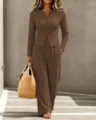 Detailed view of the women's brown ribbed knit long sleeve cardigan and pants lounge set. - S / Top And Bottom / Coffee