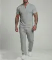 Men summer casual sportswear two piece set short sleeve V-neck top and matching trousers - S / Top And Bottom / Gray