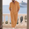 Men linen casual hooded long sleeve shirt pants set detail beach holiday outfit wear - S / Top And Bottom / Earthy Yellow
