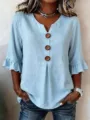 Light blue casual blouse featuring large wooden buttons and elegant ruffle half sleeves. - 0XL / Sky Blue