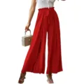 Red high-waisted pleated wide-leg pants for women featuring a stylish bow belt and loose fit. - Red