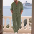 Men casual linen two piece set long sleeve hooded shirt and matching pants vacation beachwear. - S / Top And Bottom / Army Green