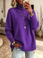 Pull col roulé ample pour femme, pull en tricot violet uni avec fentes latérales élégantes. - Violet