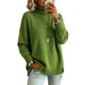 Pull col roulé vert pour femme, pull en tricot ample à manches longues et fentes latérales. - Vert