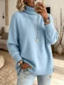 Femme pull en tricot ample col roulé unicolore fendu manches longues bleu mode - Bleu ciel