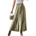 Women high waist wide leg pants tie bow pleated trousers casual summer fashion chic apparel - Green