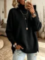 Women solid color oversized turtleneck sweater with side split casual long sleeve knitwear - S / Black